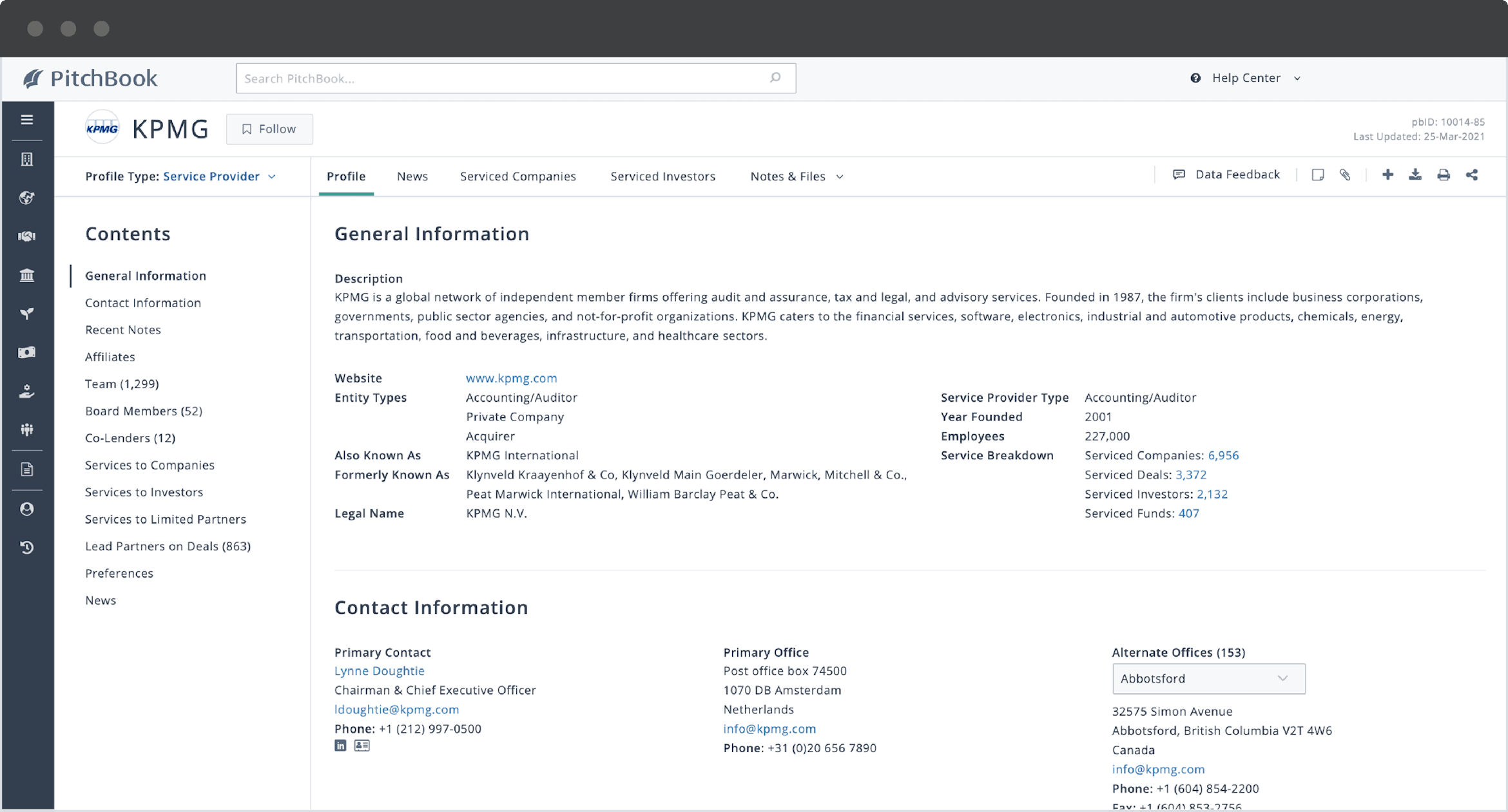 PitchBook advisor profile showing KPMG's firm information, including service breakdown and contact information. 