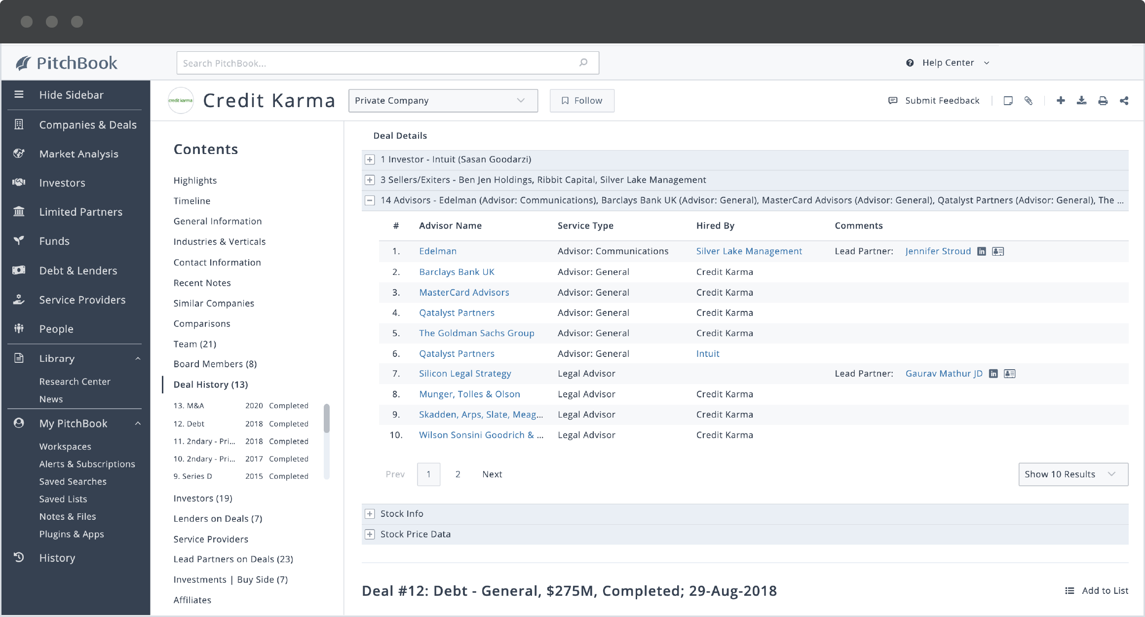PitchBook company profile showing Credit Karma's advisors on its 2020 M&A deal.