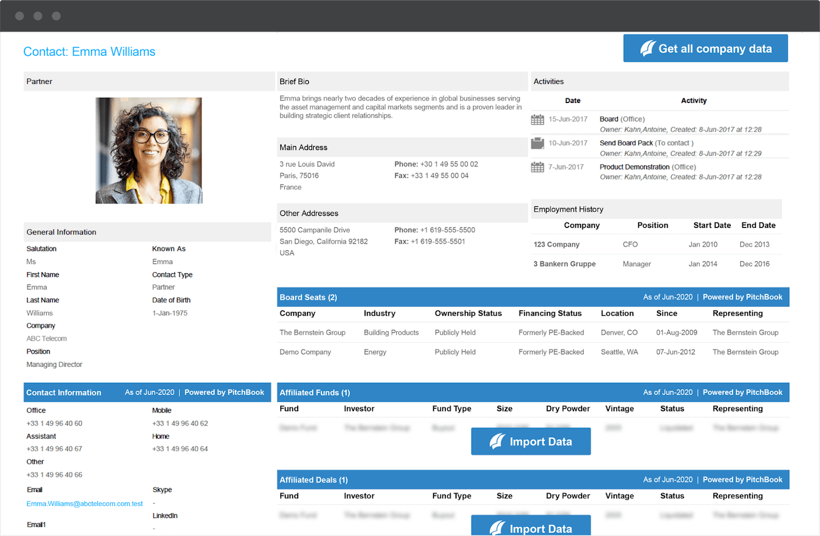 CRM contact page for Emma Williams showing data imported from PitchBook.