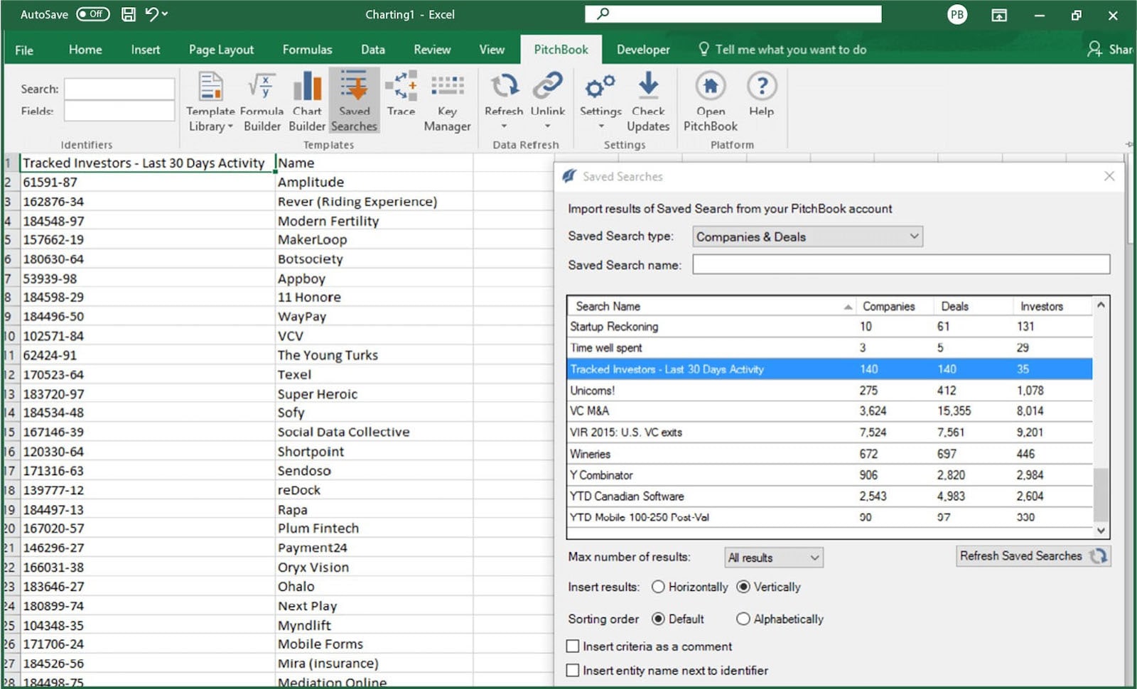PitchBook Excel Plugin showing saved search menu 
