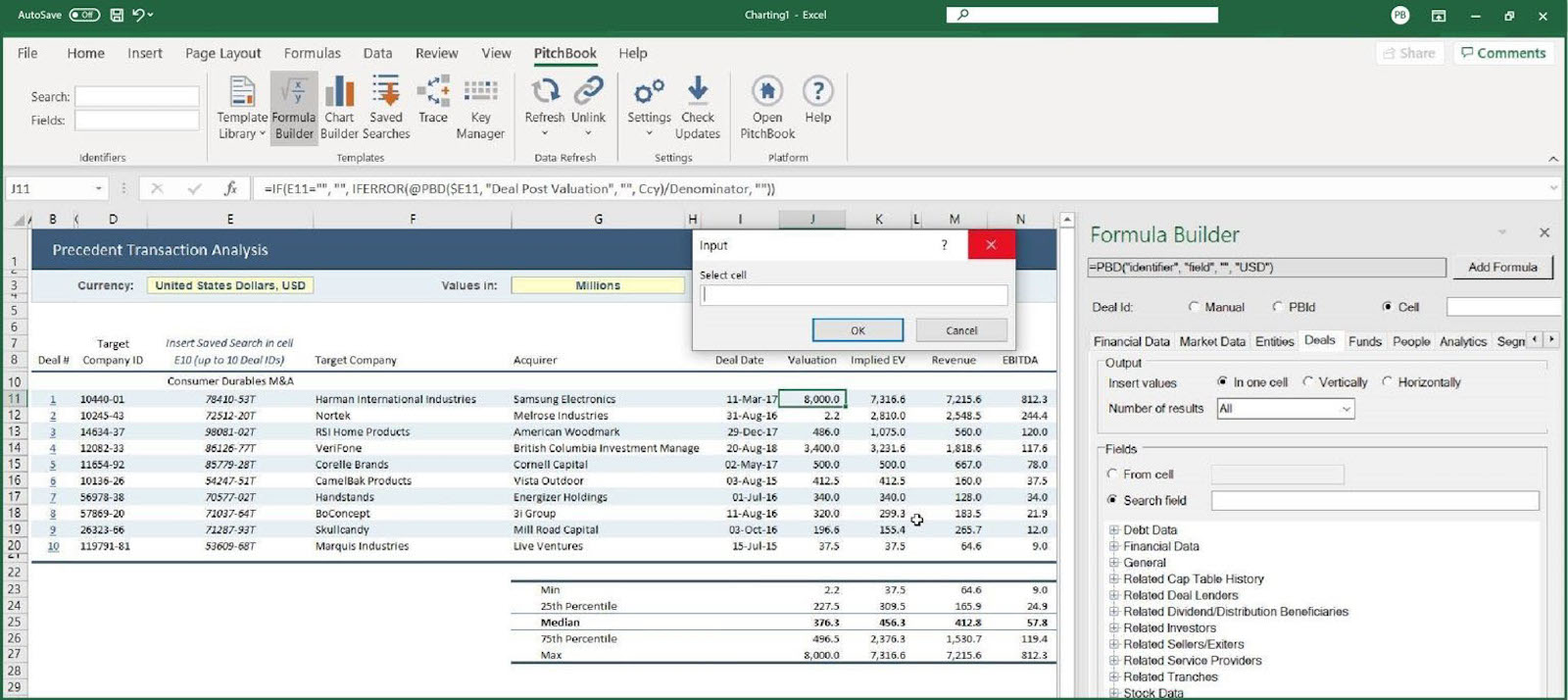 PitchBook Excel Plugin showing formula builder being used for precedent transaction analysis