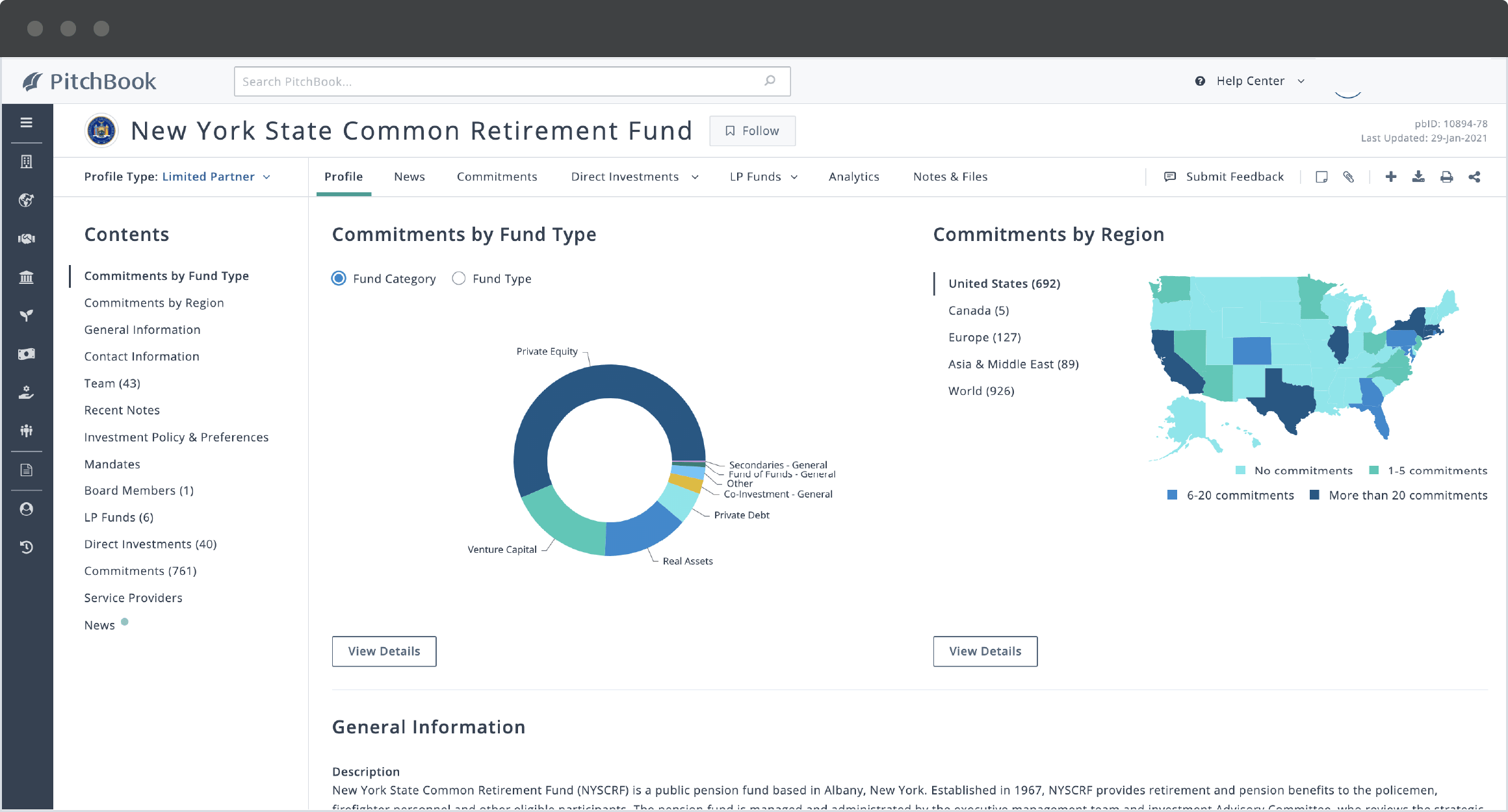 PitchBook limited partner profile showing New York State Common Retirement Fund’s commitments by fund type and region.
