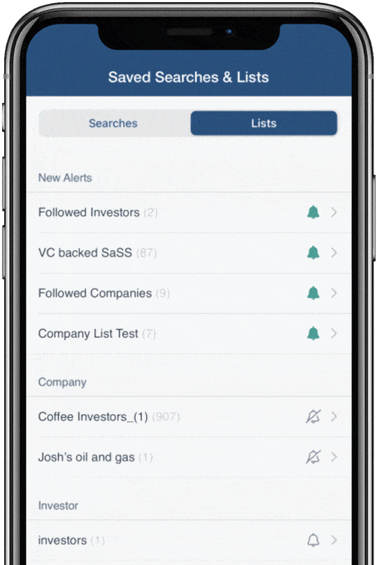 PitchBook Mobile app showing Saved Searches and Lists feature and capability to share a profile to colleagues.