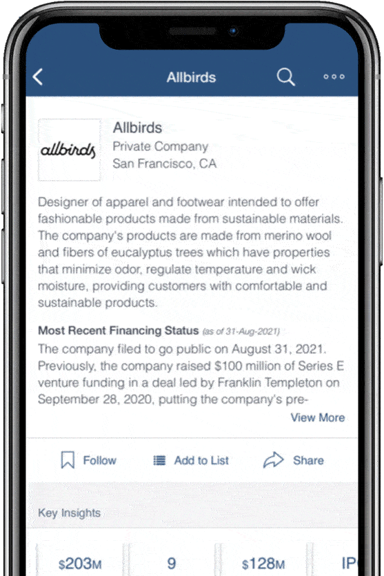 PitchBook Mobile app showing an overview of Allbirds’ company profile with company signal and deal history.