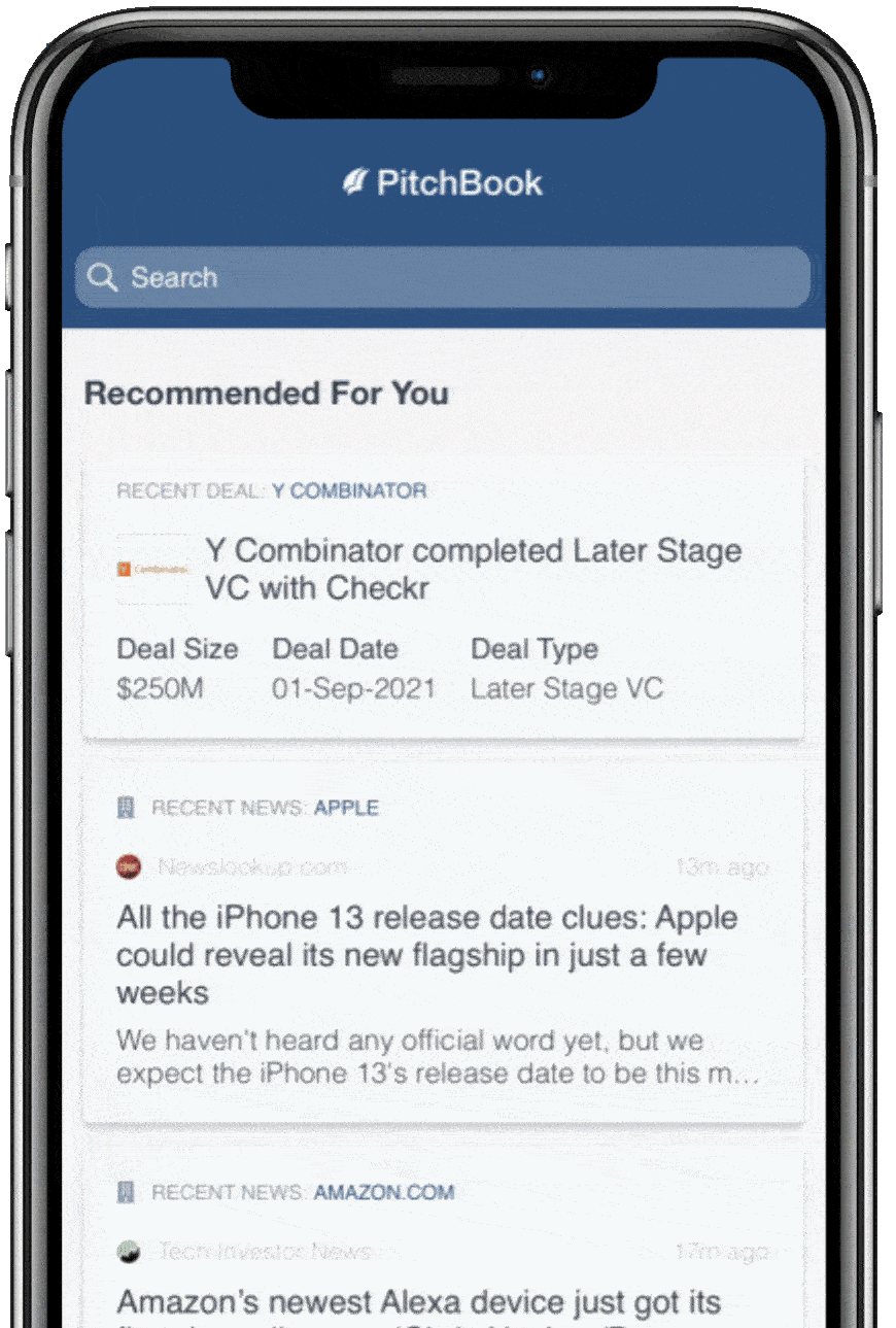 PitchBook Mobile app showing recommended news articles, top stories, and reports.